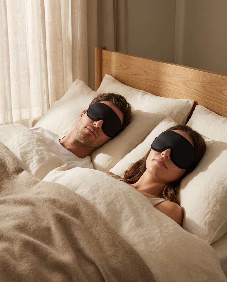 Un homme et une femme endormis côte à côte, chacun portant L'Éclipse, masque de nuit occultant SEREN, dans une chambre à la lumière du petit matin